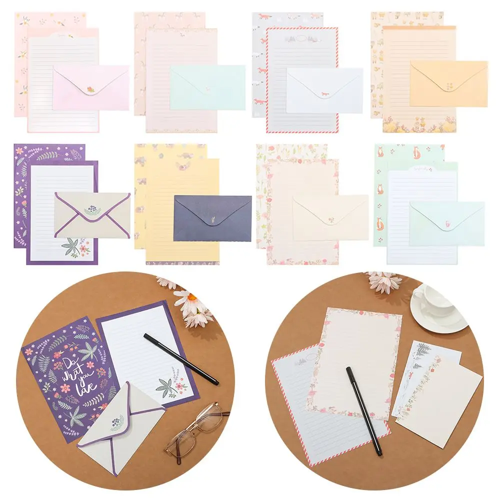 Office Supplies Flower Printing Cartoon Animal Variety Designs With Envelopes 3Pcs Letter Stationery Writing Paper 6Pcs