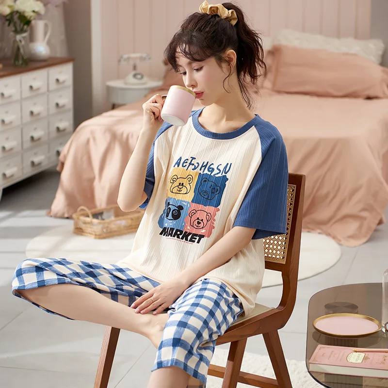 

Summer new Women Pyjamas Cartoon Pajamas Sets Sleepwear Casual Nightwear Pijama Mujer Calf Pant short sleeve M-5XL home clothes