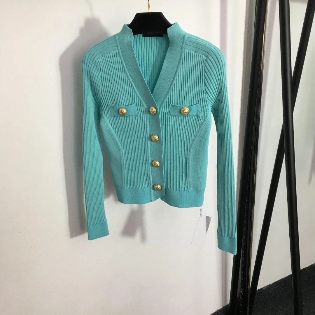 

2023 Latest Customized Large Gold Button V-Neck Long Sleeve Knitted Cardigan Slim Fit Top