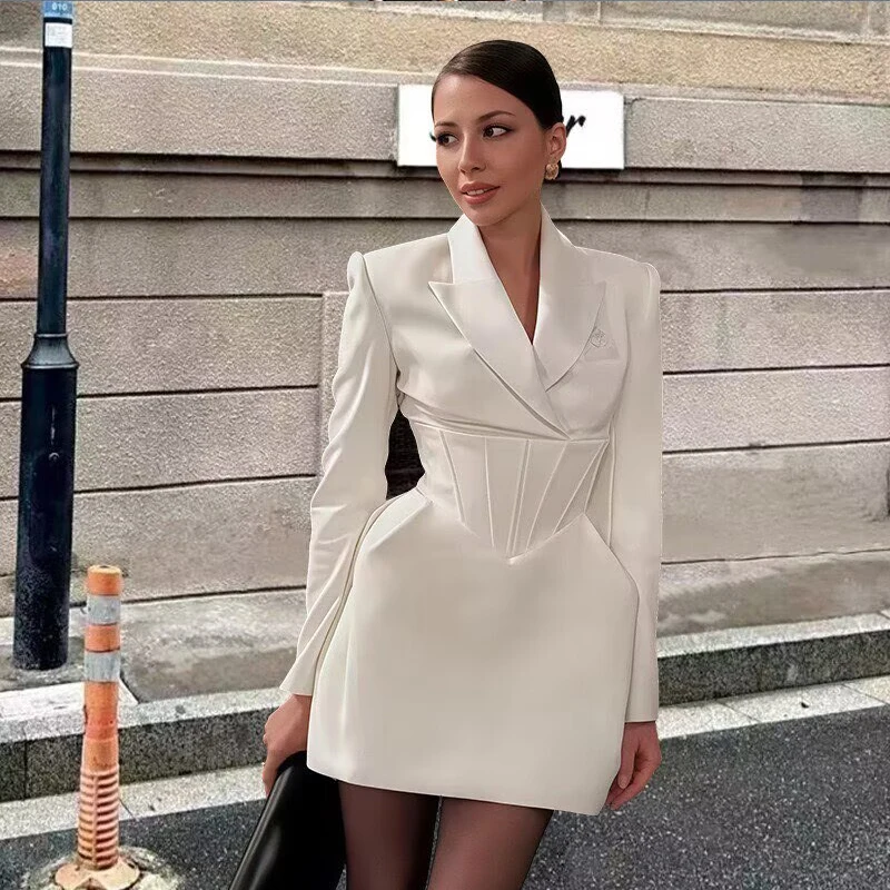 Women Elegant  Suit Style Dresses Chic V-neck Cinched Waist Shoulder Pads Dress Spring Autumn Long Sleeve Mini Party Ladies