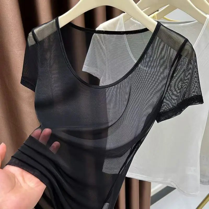 Women See Through Tank Top Sexy Tulle Mesh Blouse Fashion Sheer T-Shirt Summer Ultrathin Short Sleeve Multi Size Base Blouse