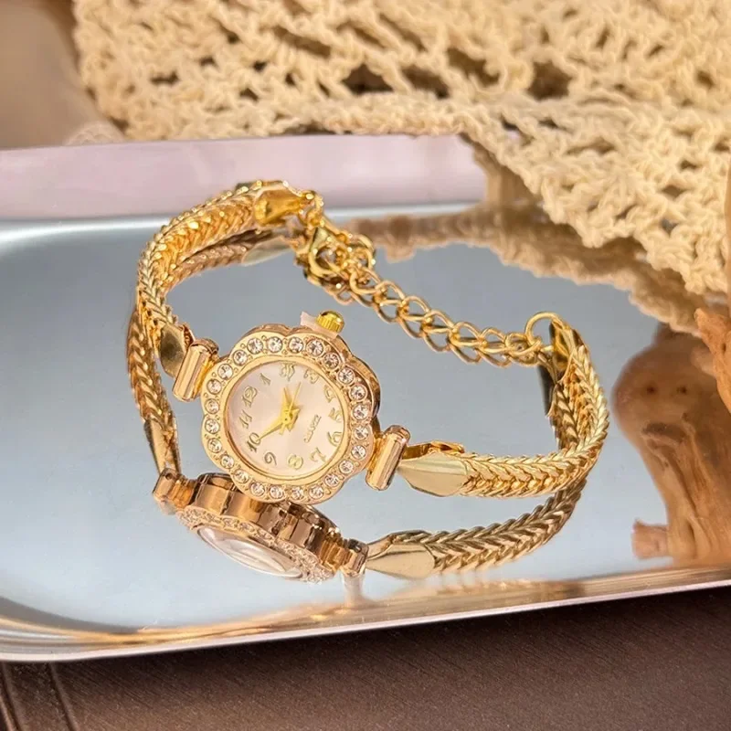 New Vintage Gold Small Flowers Dial Wristwatch Luxury Diamond Stainless Steel Ladies Bracelet Quartz Watch Gift