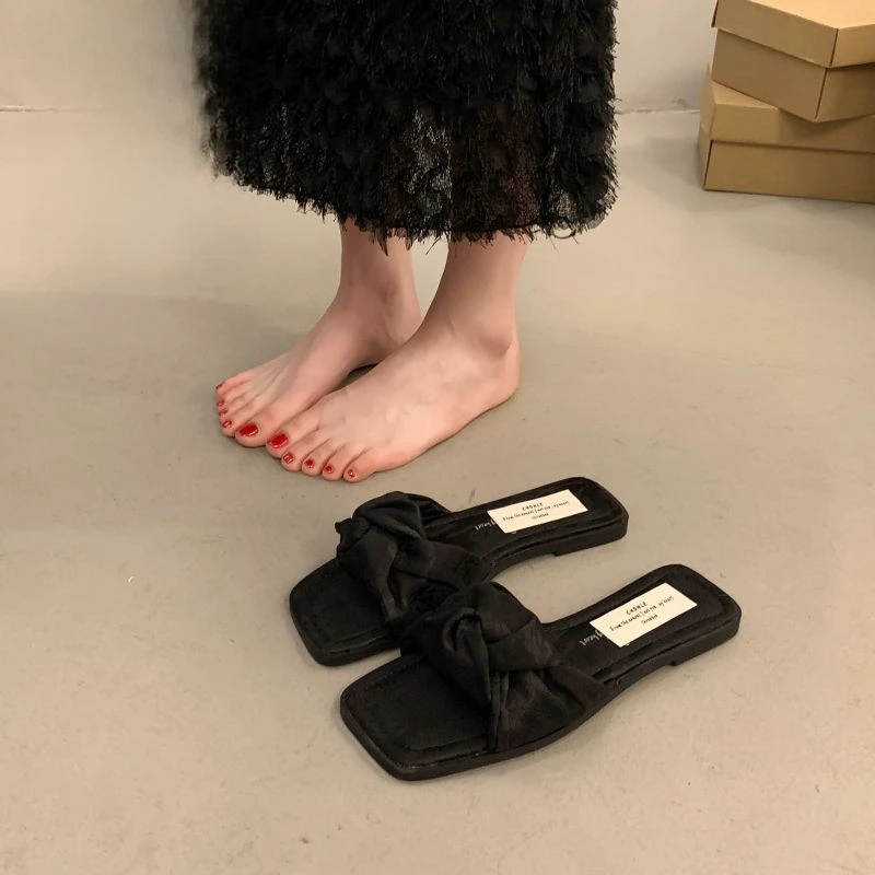 New Women's Summer Square Toe French Flat Bottom External Wearing Slippers Luxury Slip on  Shoes Casual Ladies Sandals