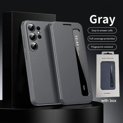Leather Flip Case with Smart Display Clear Window Cover - Galaxy S23 Ultra (GRAY)