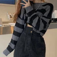 New Korean Style Striped Cropped Sweater Women Vintage Oversize Knit Jumper Female Autumn Long Sleeve O-neck Pullovers Tops - Image 2