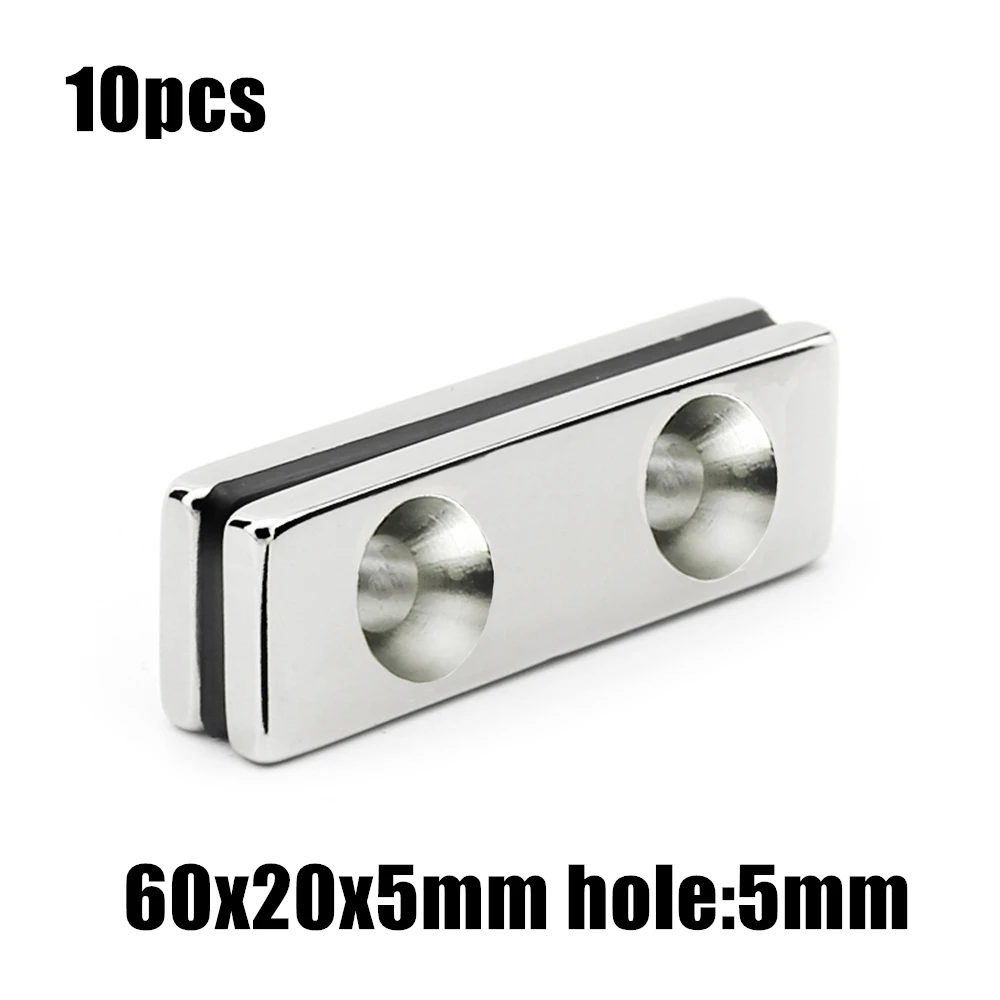 

10pcs 60x20x5mm hole:5mm double hole Block NdFeB Neodymium Magnet N35 60x20x5-5 mm Super Powerful Permanent Magnetic
