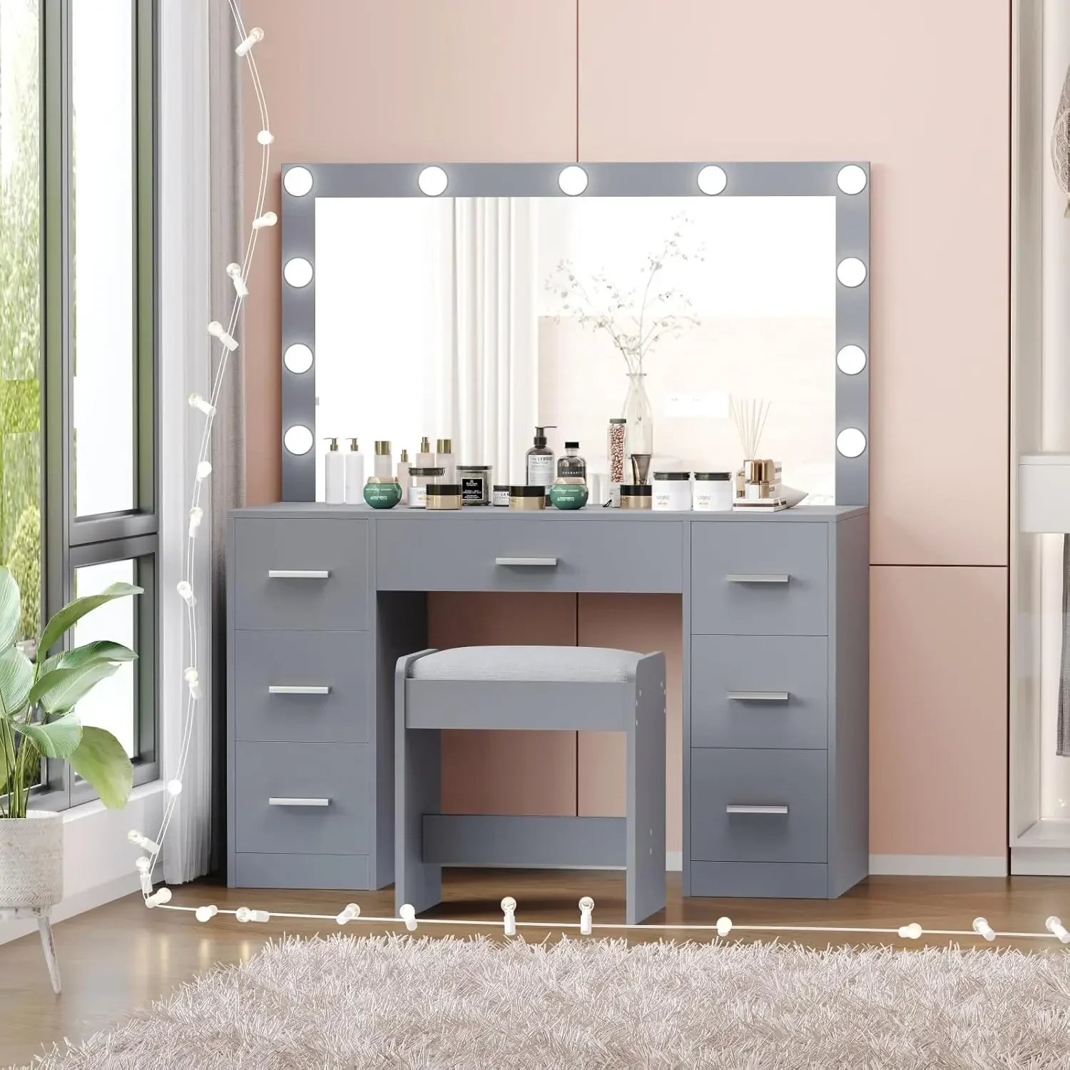 2024 NEW Vanity Desk with Stool, Makeup Table with Lighted Mirror, 3 Color Lighting Modes, Brightness Adjustable, Dressing Table 4