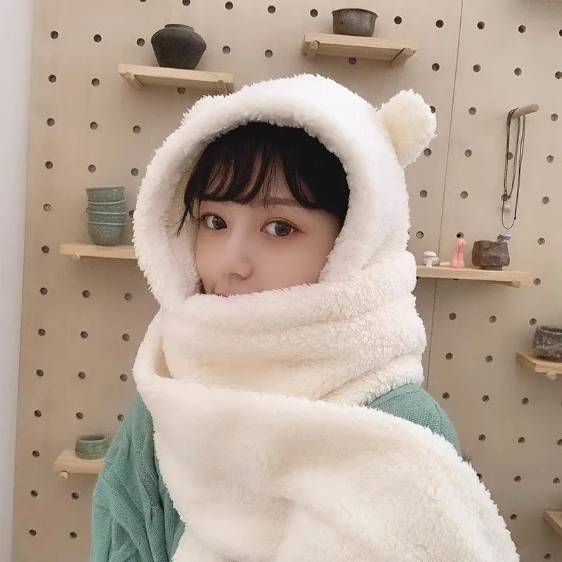 Cute Bear Ears Hat Scarf All-in-one Hat For Women Winter Plush Thickened Warm Ear Protection Scarf 4-piece Set 4