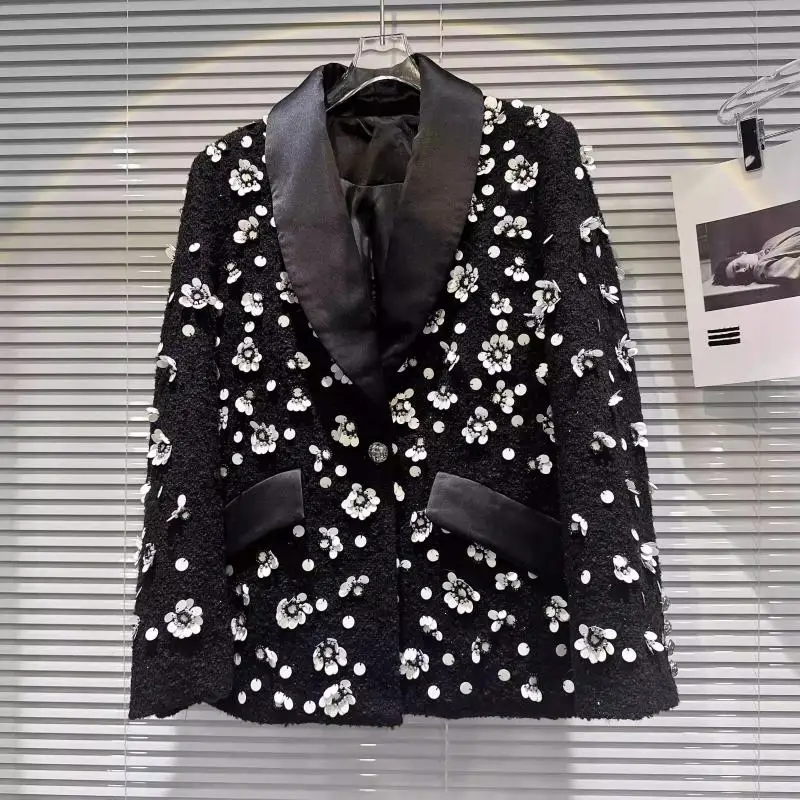 

Fashion Black Women Sequins Thick Tweed Print Suit Coat 2023 Autumn New Notched Long Sleeves Pocket Jacket Female