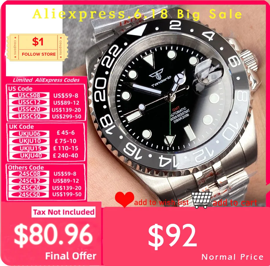 NH34 Black Grey GMT Mechanical Watch Men Green Hand 200m Waterproof Steel Watch Diving Master II CLock Gift Glide lock Bracelet