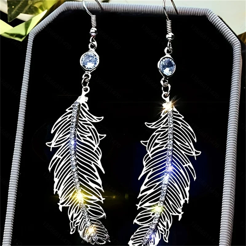 Dangle earrings Delicate Leaf Hook White Stone Earrings for Women Silver Color