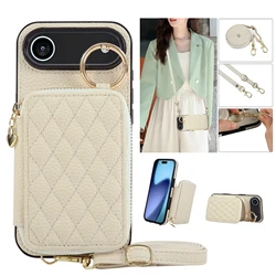 Leather Crossbody Zipper Card Wallet with Lanyard and Ring Holder - iPhone 12 Mini (Beige)