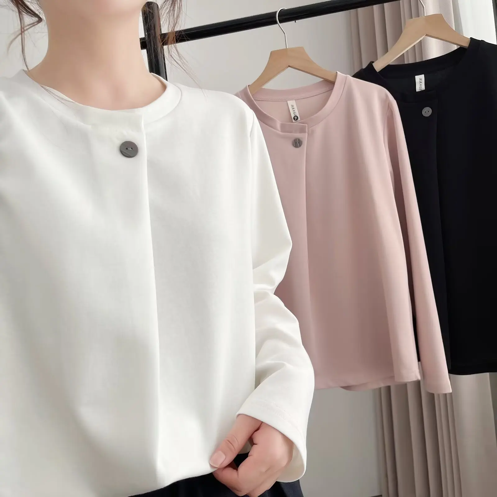 Fashion Plus Size Women's T-Shirt Autumn New One Button Long Sleeve Casual Tops 2563