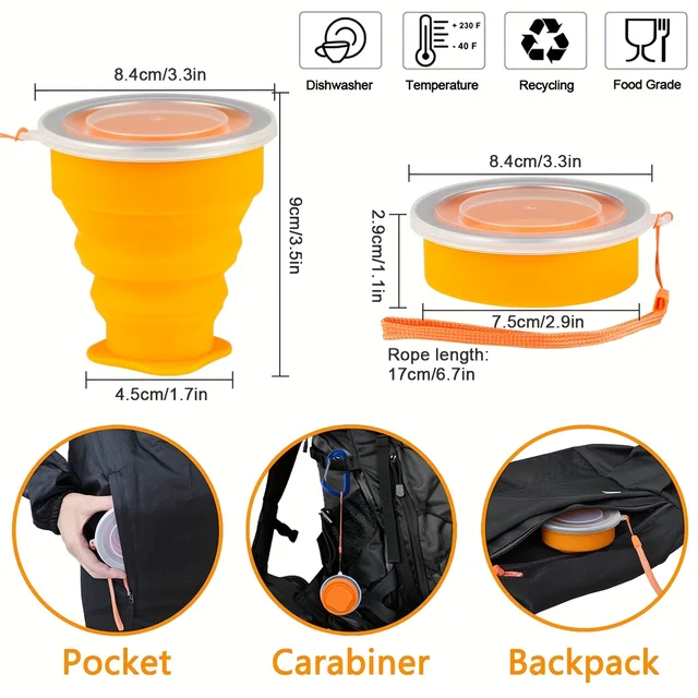 1Pack Silicone Collapsible Travel Water Cup Portable Camping Cup with Lids Food Grade Mugs Set for Outdoor Drinking 4