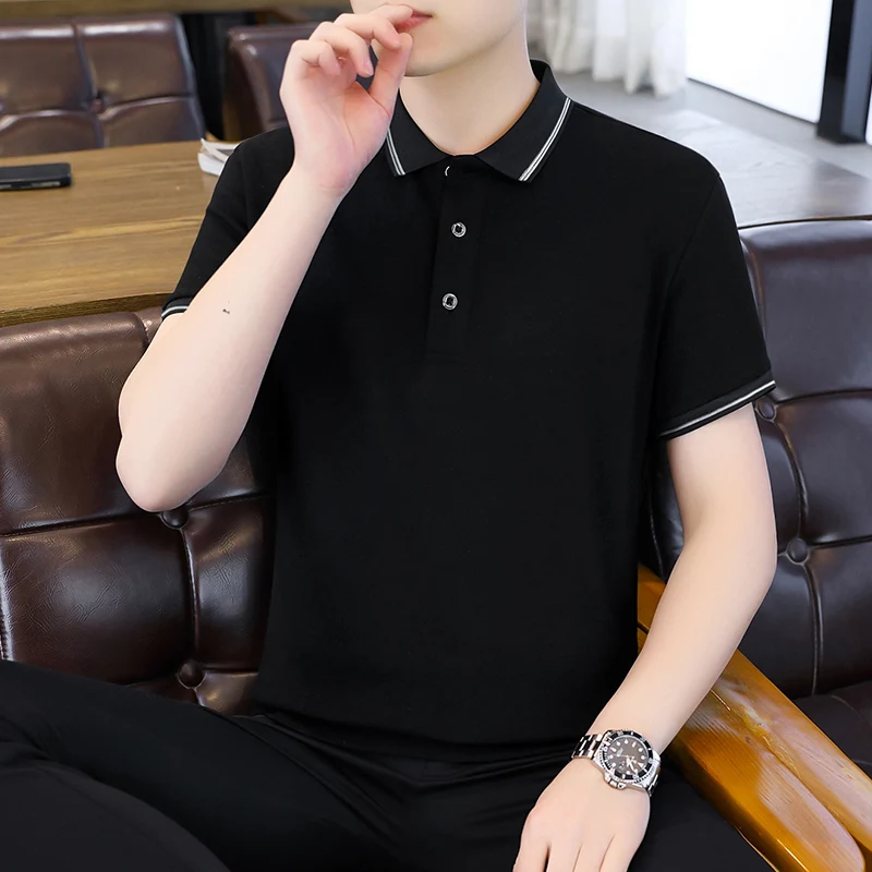 

Men's Clothing Short Sleeve T-shirts Business Casual Turn-down Collar 2024 Summer All-match Solid Color Fashion Button Pullovers
