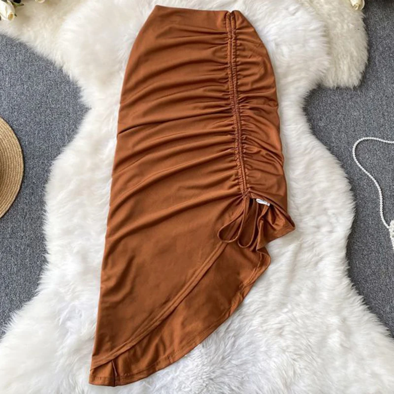 Women Clothes Office Lady Wrap Buttock Sexy Midi Skirt Elegant Solid Draped Irregular Lace up Drawstring Folds High Split Dress