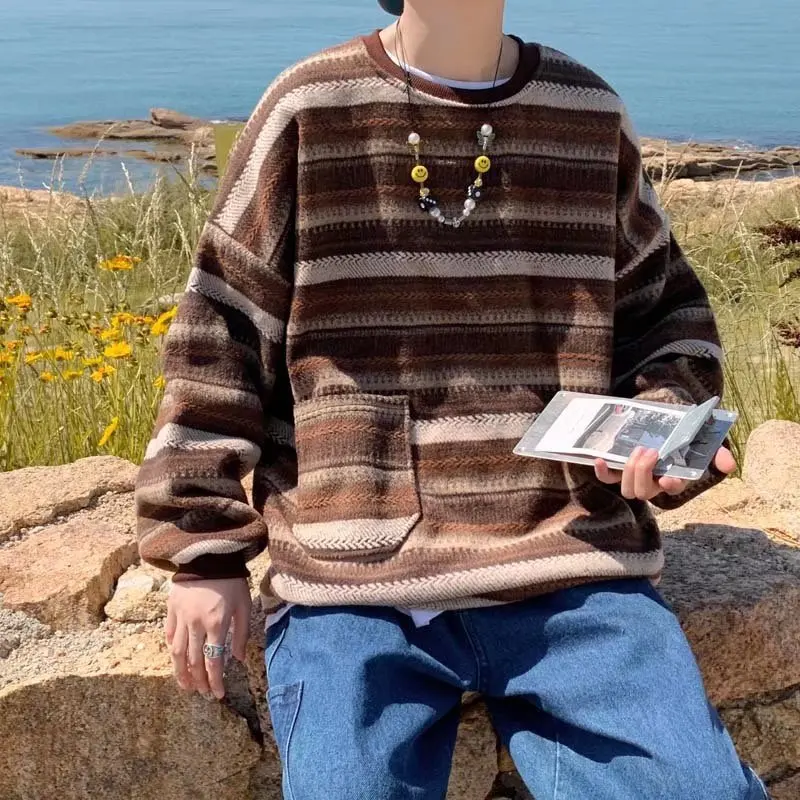 

Полосатый винтажный мужской вязаный свитер HOUZHOU, мужской пуловер в стиле Харадзюку, топы в зеленую полоску, японский Свитер оверсайз в Корейском стиле