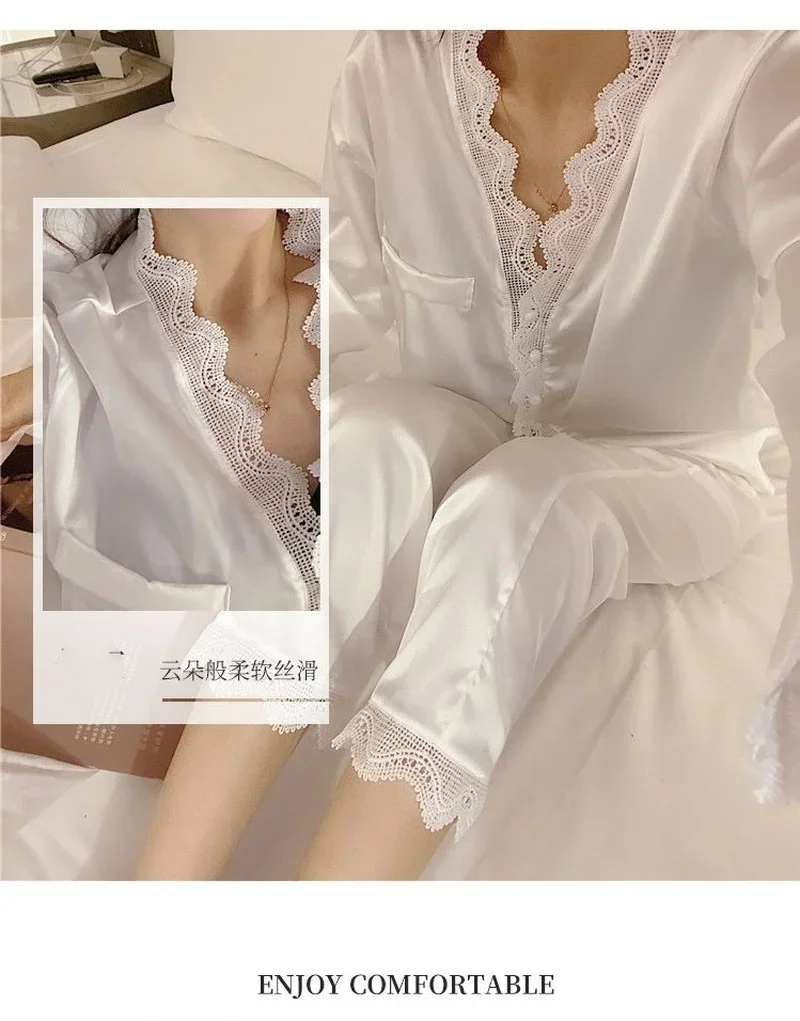 2 Pcs/Set Home Suit Pajamas for Women Sleepwear Female Long Sleeve Trousers Satin Silk Nightwear Suit Pijamas Pajama Set Women