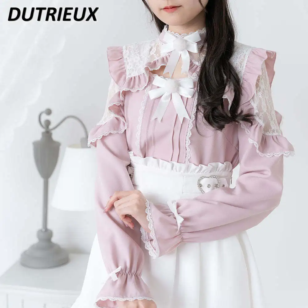New Japanese Style Sweet Blouse Female Lace Patchwork Spring Autumn Women's Long Sleeve Tops Lace Bow Cute Aldies Lolita Shirt