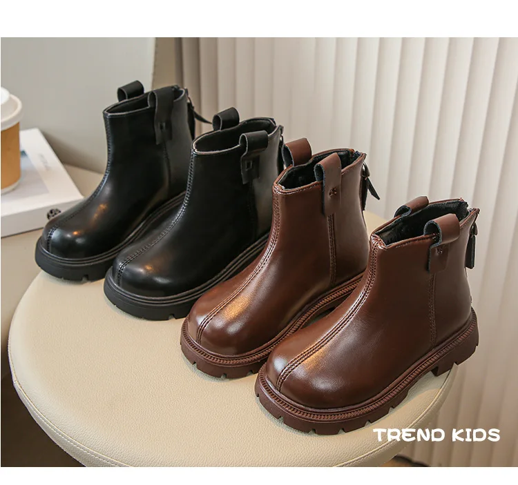 Mädchen-Lederstiefel, Schwarz, Braun, Kinder-Chelsea-Stiefel, rutschfest, modisch, kurze Kinderstiefel für Jungen, Großbritannien, PU, 2025, neue runde Zehen – Detail 4