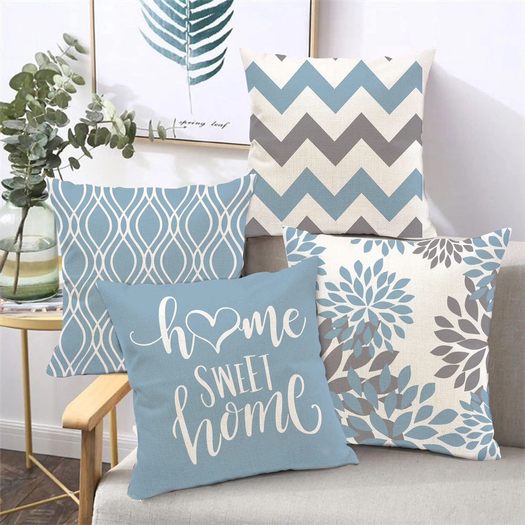 

Lake Blue White Geometric Print Pillowcase Peach Skin Pillowcase Sofa Cushion Cover Home Decor