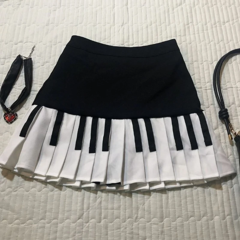 American Retro Sweet Black White Piano Skirts 2025 Summer New Pleated Skirt Woman Y2k Slim Fit High Waist Fashion Faldas Mujer 4