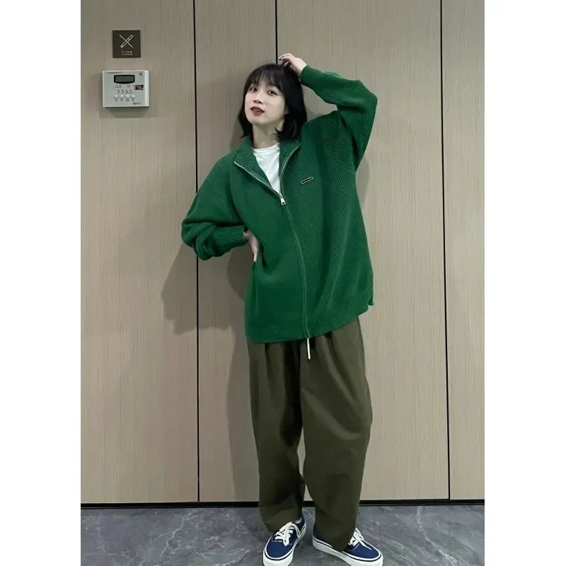 

Korean Fashion Autumn Winter Japanese Retro Green Sweater Jacket Loose Lazy Style Zipper Design Niche Solid Color Cardigan Top