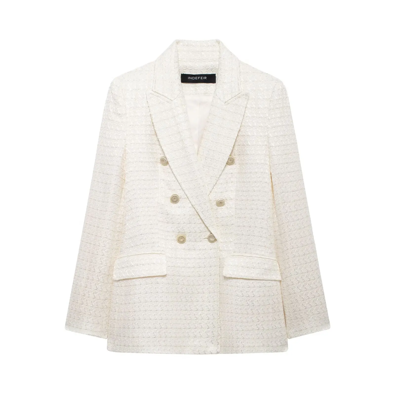 thumbnail image 1 of HH TRAF Blazers elegantes para mujer, cuello vuelto, escote en V, mangas largas, bolsillos, doble botonadura, abrigos con textura para mujer para oficina de otoño, 1 of 4