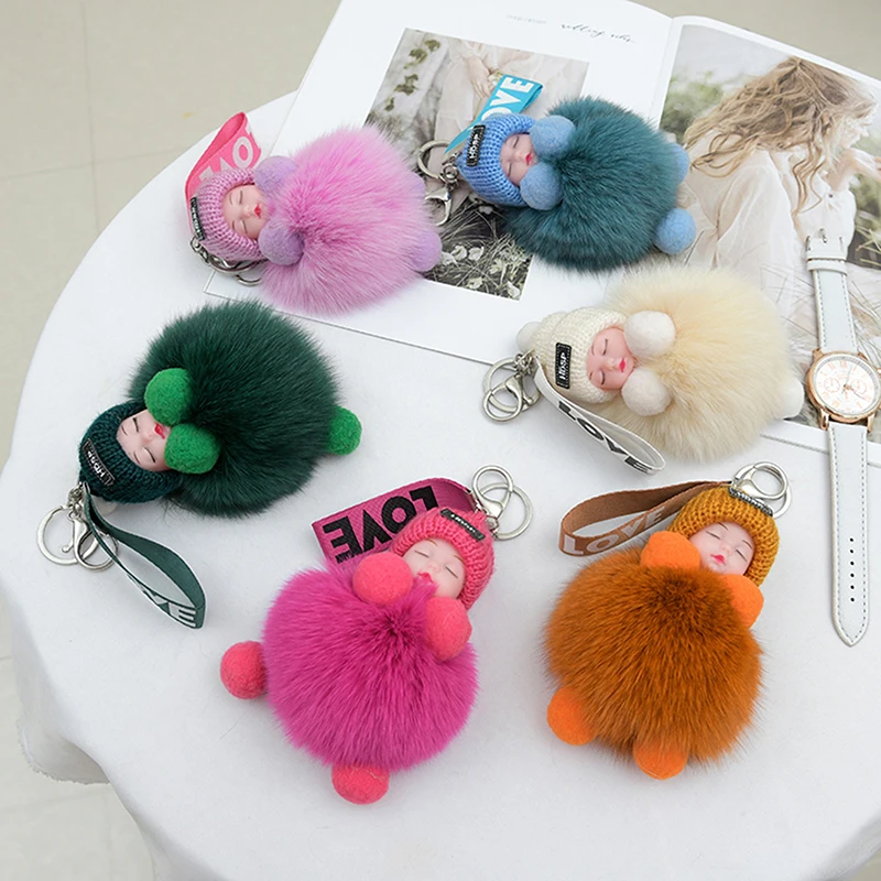 shop for things you love Pompom Sleeping Baby Keychain Cute Fluffy