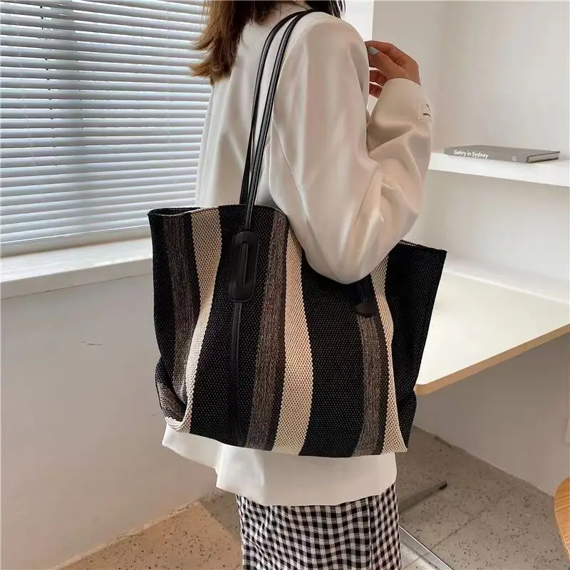 2023 New korea style simple stripe Women's Canvas Tote Bag Shopper Bags  Lady canvas Large Capacity Crossbody Shoulder Bag
