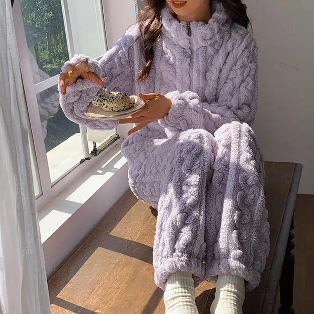 

Plush Pajama Set Cozy Winter Pajamas Set with Stand Collar Zipper Closure Thick Plush Homewear Suit for Women Warm Solid Color