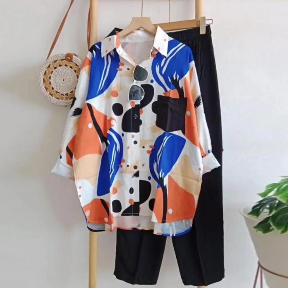 

Color Matching Women Suit Women Shirt Pants Set Colorblock Shirt Pants Set Lapel Blouse Wide Leg Trousers Women Two-piece Set