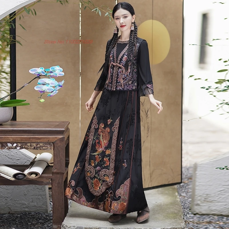 chinese satin jacquard skirt national flower embroidery ethnic skirt oriental improved a-line elastic waist folk