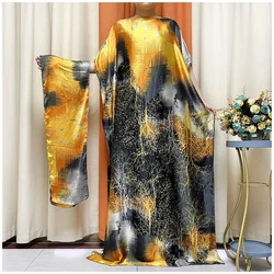 Hot Selling Silk Oversize African Women Clothing 2 Pieces Dubai Dashiki Abaya Free Size Print Design With Scarf Loose Long Dress
