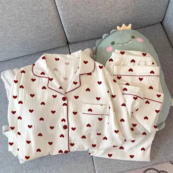 Spring and Autumn New Women's Pajamas Loungewear Set Girl Love Cardigan Pajamas Crinkled Fabric Loungewear Long Sleeve Set 3