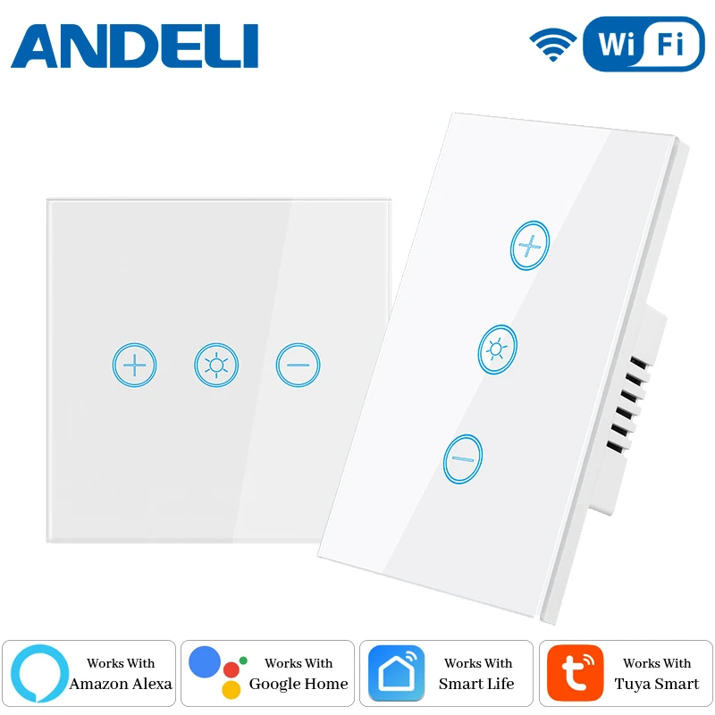 ANDELI Tuya WiFi สมาร์ทสวิตช์หรี่ไฟ EU แผงกระจกสมาร์ทสวิตช์สัมผัสผนัง Smart life APP Control ทํางานร่วมกับ Alexa Google Home 1