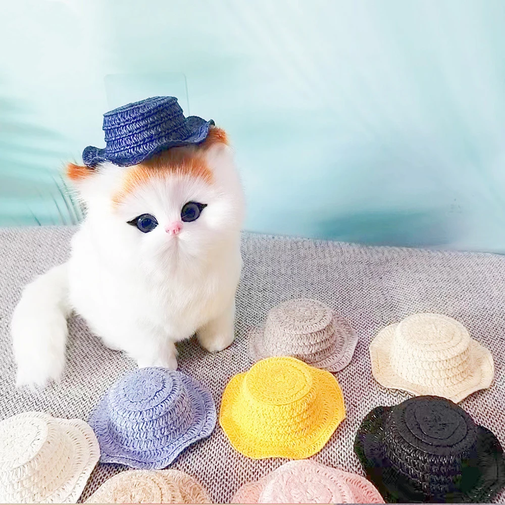 Fashion Pet Woven Straw Hat for Cat Sun Hat Sombrero for Small Dogs and