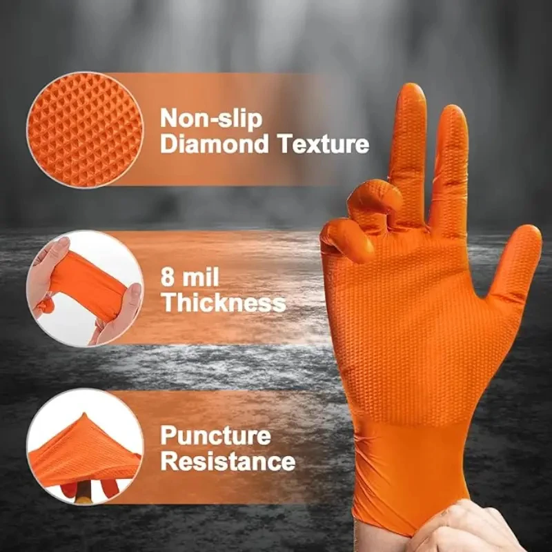 Work Gloves 8Mil Heavy Duty Orange Nitrile Disposable Gloves Diamond Texture Grip for Mechanic Industrial Cleaning