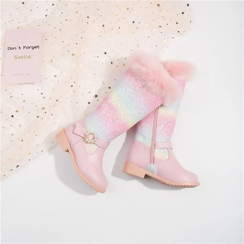 

Новинка Осень-зима 2023, модные детские розовые сапоги с радужной принцессой для девочек, сапоги до колена с плюшевым мехом, обувь для девочек