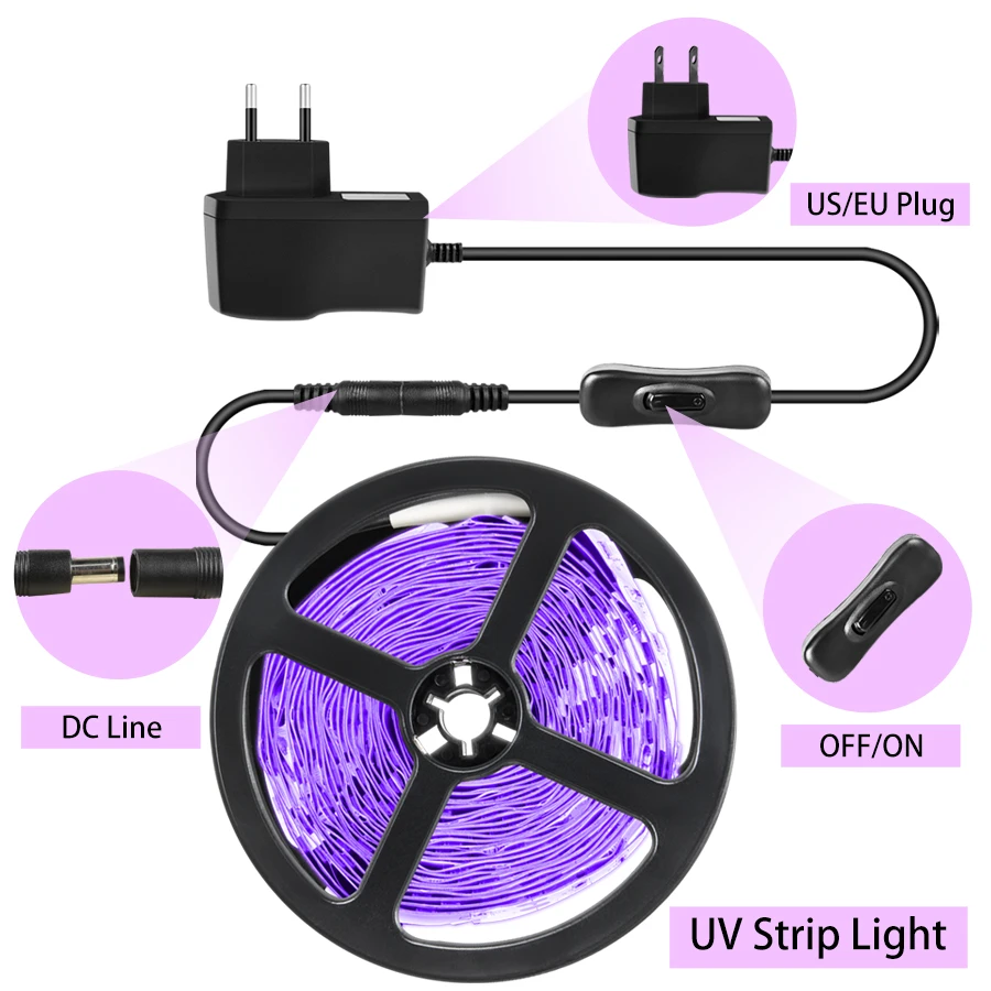 UV LED 스트립 조명 유연한 LED 테이프 자외선 램프 385-400nm 블랙 라이트 2835 SMD DC12V 5M 10M 15M LED 리본 글로우 파티