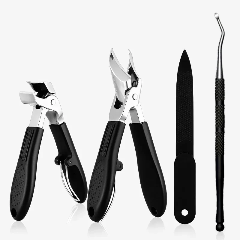 4pcs Toenail Clippers Set for Seniors Thick Toenails, Slanted Beak Stainless Steel Ingrown Nail Cutter Wide Jaw Long Handle for