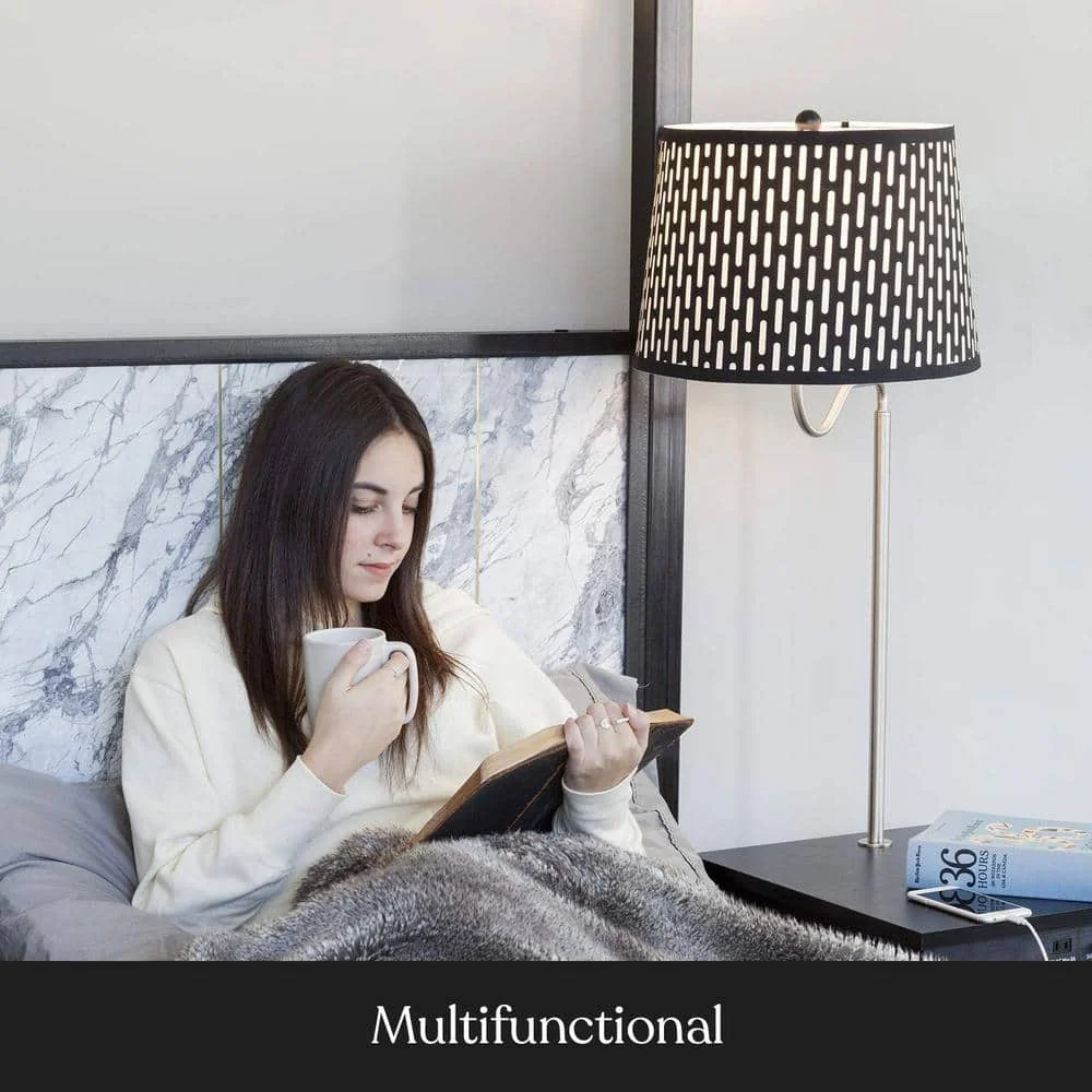 US Madison 56 in. Classic Black Mid-Century Modern LED Bedside Table Lamp with Fabric Drum Shade and Built-In USB Port