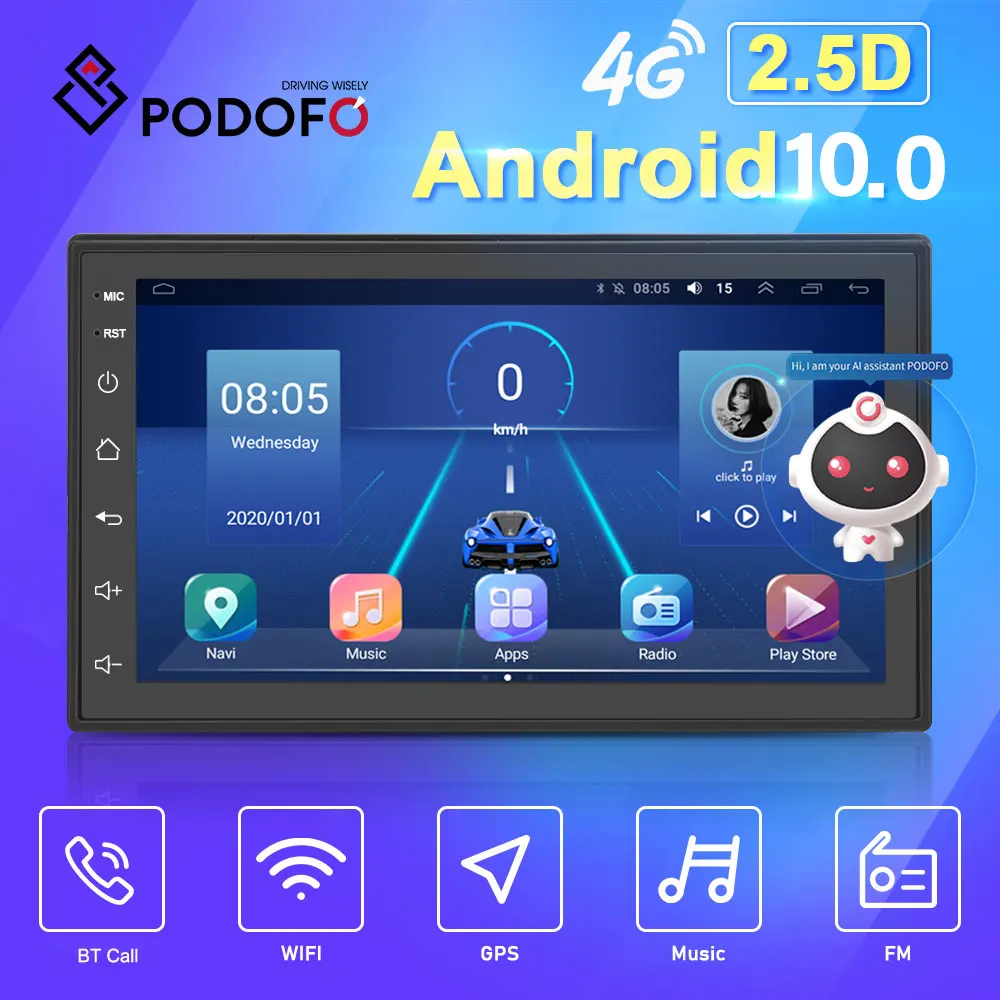 Podofo 2 Android Car Multimedia Video Player 2din Android Auto Radio GPS Stereo For Volkswagen Nissan Hyundai Kia