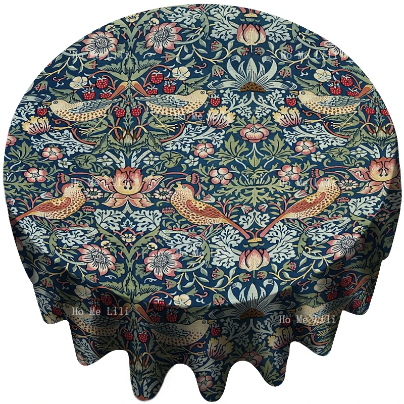 

Скатерть с изображением клубники Морриса, вора, ботанического искусства, новой традиционной народной красочной мексиканской птицы, цветочной симметрии, круглая