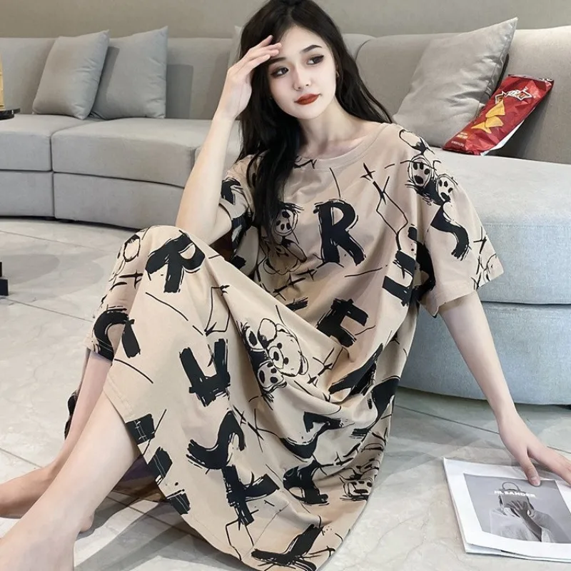 Large Size Nightdress Summer Women 200 Catty Loose Dress Cartoon Long Home Skirt Can Be Worn Outside Summer Dress lingerie