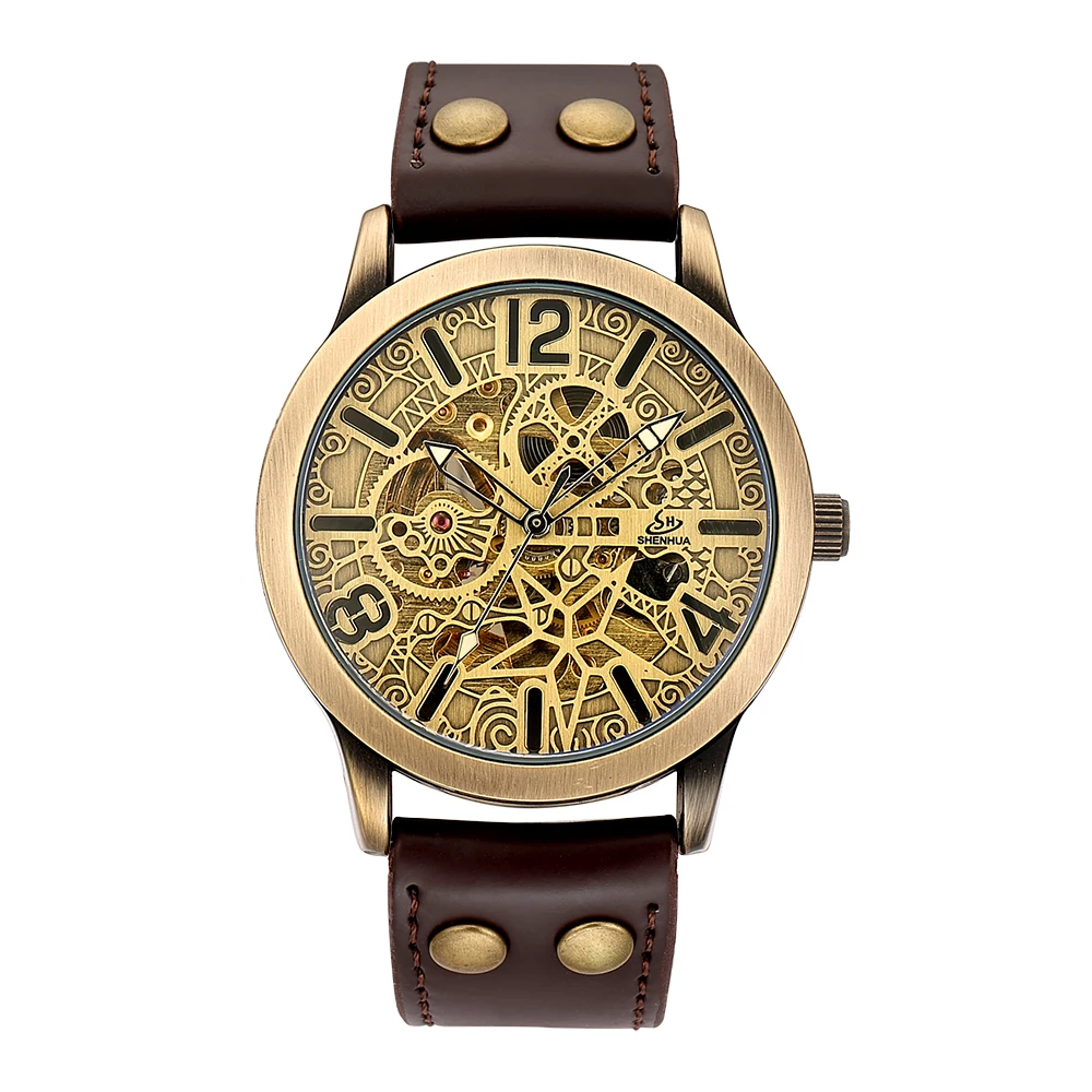 Luxury Brand Men Retro Bronze Steampunk Skeleton Automatic Self-wind Mechanical Relogio Leather Sport Men's vintage Wrist Watch
