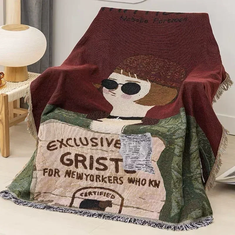 Cartoon Characters Pattern Knit Cotton Fringed Couch Throw Blanket Large Sofa Blanket Nap Blankets Outdoor Picnic Mat Home Decor