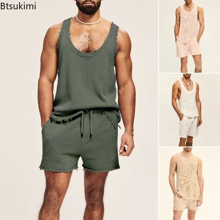 New 2024 Men's Summer Casual 2PCS Sets Knitted Fashion Tank Tops and Shorts Sets Mens Two Piece Set Streetwear Clothes Men Sets