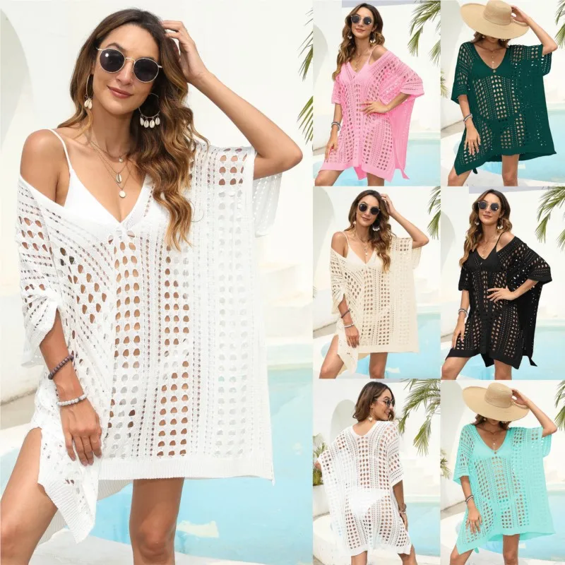 

Женское элегантное пляжное платье 2024, летняя накидка, бикини с прорезями и разрезом, однотонная женская туника из полиэстера и туника, цельный костюм