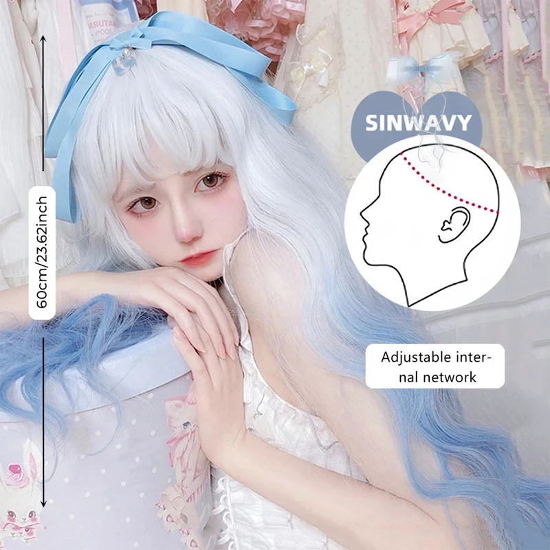 LUPU Lolita Wig Cosplay Wig With Curly Hair, White+Blue Gradient Sweet Harajuku Kawaii Women's Wig